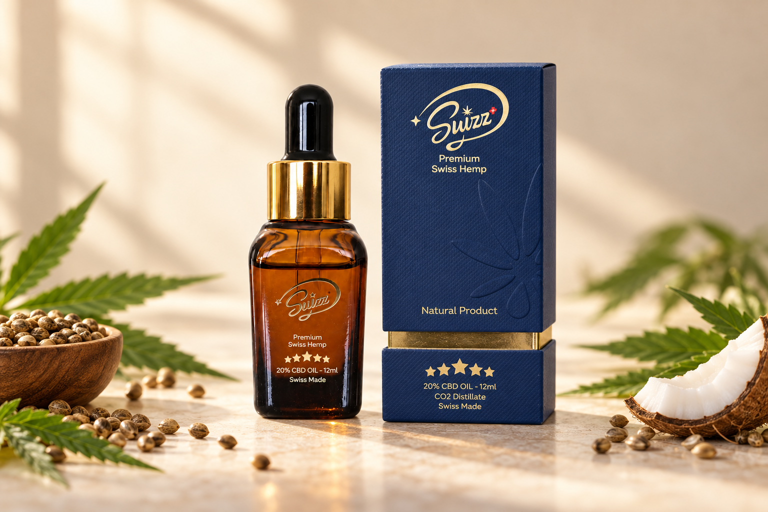 Suizz oils collection: complete product packaging in an editorial studio composition