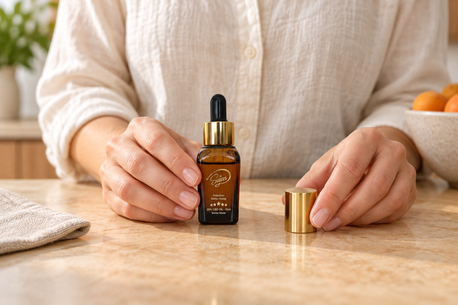 Hands holding Suizz CBD oil with its assembled black squeeze dispenser and removable gold cover